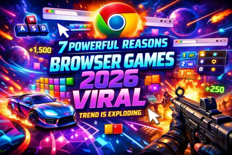 Browser Games 2026 Viral gaming trend showing futuristic browser gaming world with racing puzzle and shooter games