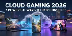 Cloud Gaming 2026 featured image showing smartphone, laptop, and tablet streaming AAA games from cloud servers without console hardware