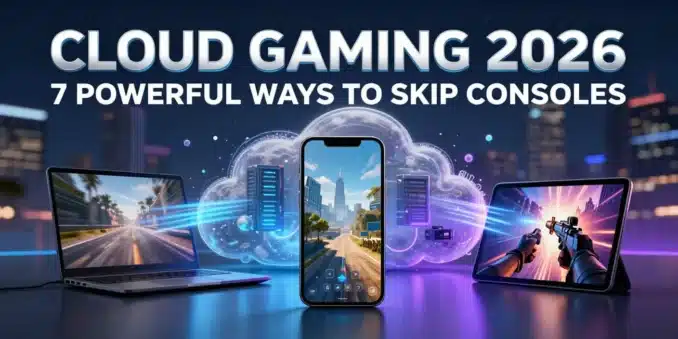 Cloud Gaming 2026 featured image showing smartphone, laptop, and tablet streaming AAA games from cloud servers without console hardware