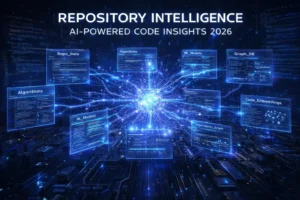 Repository Intelligence AI 2026 visualization showing AI analyzing entire software repository with neural code connections and algorithm nodes