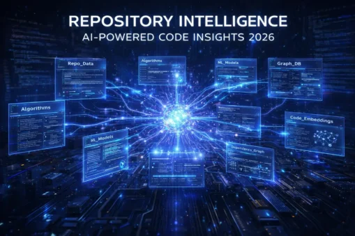 Repository Intelligence AI 2026 visualization showing AI analyzing entire software repository with neural code connections and algorithm nodes
