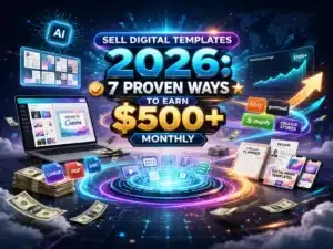 Home Sell Digital Templates 2026 guide showing 7 proven ways to earn $500 monthly using Canva templates business and digital products