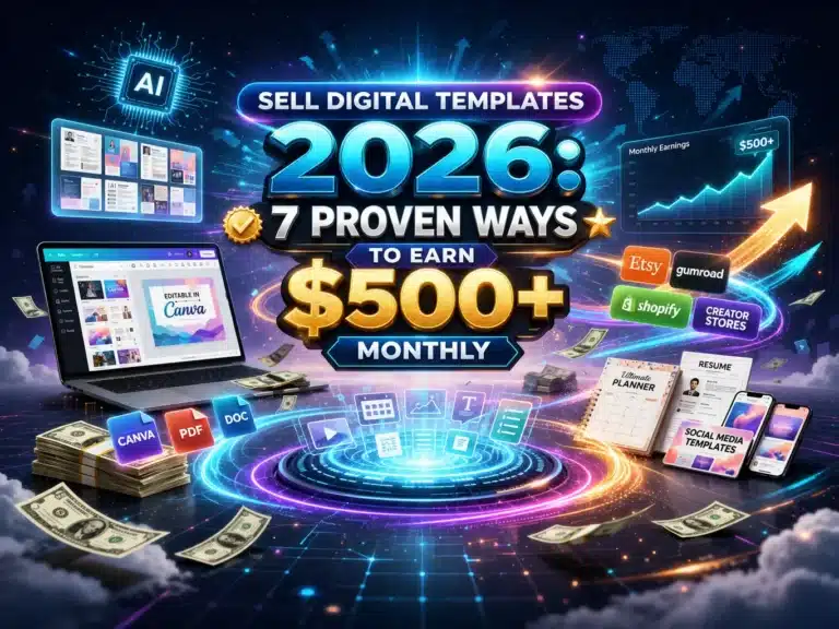 Sell Digital Templates 2026 guide showing 7 proven ways to earn $500 monthly using Canva templates business and digital products