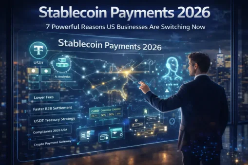 Stablecoin Payments 2026 hero image with US business owner using AI stablecoin payment dashboard and large article title