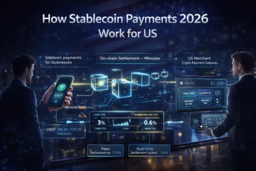 Stablecoin Payments 2026 diagram showing client-to-merchant USDT payment flow with on-chain settlement and gateway conversion options