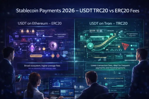 Stablecoin Payments 2026 graphic comparing USDT TRC20 vs ERC20 network fees and card fees for US businesses