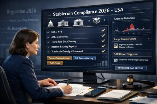 Stablecoin Payments 2026 USA compliance dashboard with KYC, AML, and Travel Rule checks for US businesses