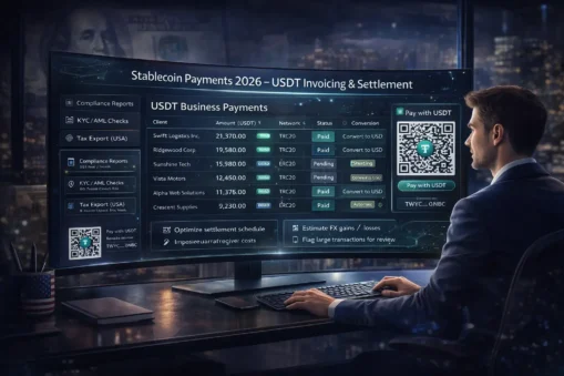 US finance manager using USDT business invoicing dashboard for Stablecoin Payments 2026