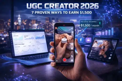 UGC Creator 2026 featured image showing AI powered workspace and $1500 income growth dashboard