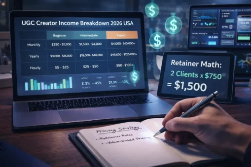 UGC Creator Income Breakdown 2026 USA showing retainer math and salary ranges