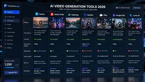 AI Video Generation Tools 2026 comparison dashboard showing free vs paid features