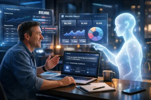 No-Code AI Platforms 2026: Powerful AI Apps Fast No-Code AI Platforms 2026 showing how AI builds apps automatically from plain English instructions