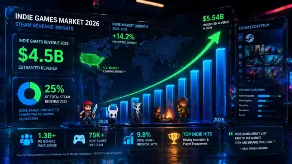Indie Games Success 2026 market growth showing Steam revenue and indie share