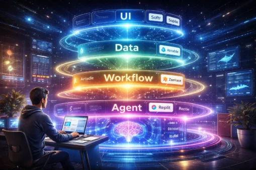 No-Code AI Platforms 2026: Powerful AI Apps Fast No-Code AI Platforms 2026 stack showing UI data workflow and agent
