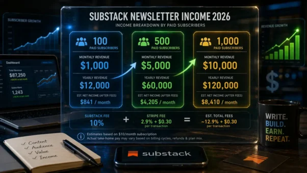 Substack Newsletter Income 2026 revenue breakdown showing subscriber tiers and earnings