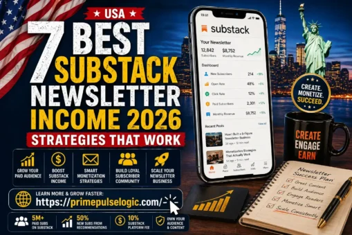 Substack Newsletter Income 2026 strategies showing dashboard growth, revenue stats and monetization plan
