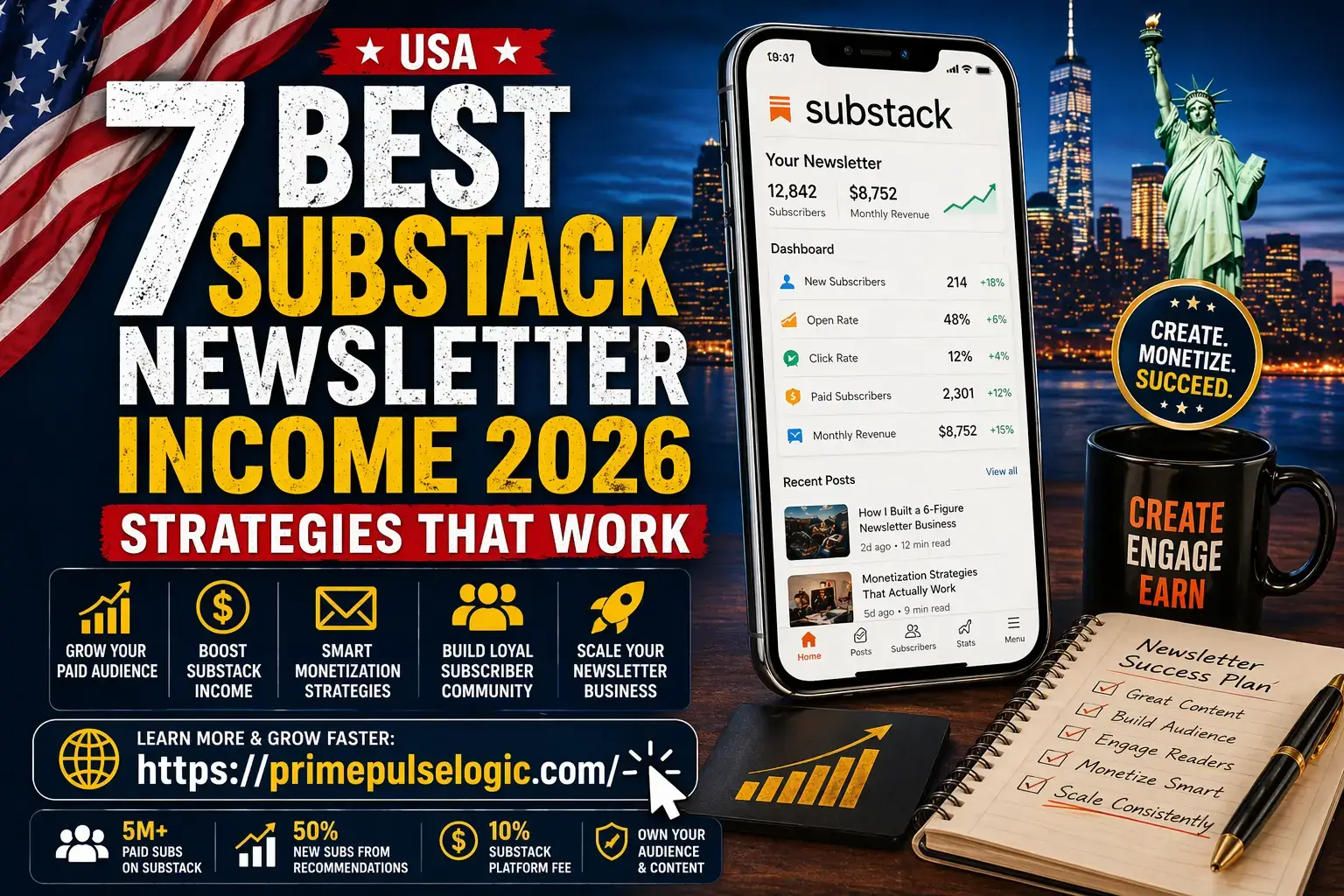 Substack Newsletter Income 2026 strategies showing dashboard growth, revenue stats and monetization plan