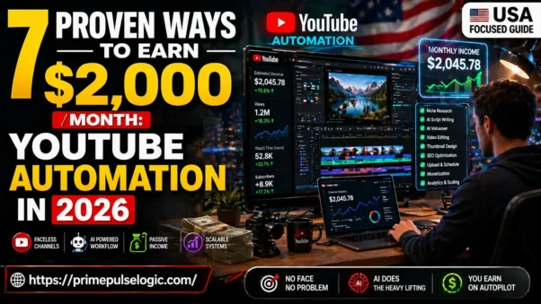 YouTube Automation in 2026 guide showing how U.S. creators can earn $2,000 a month with faceless channels