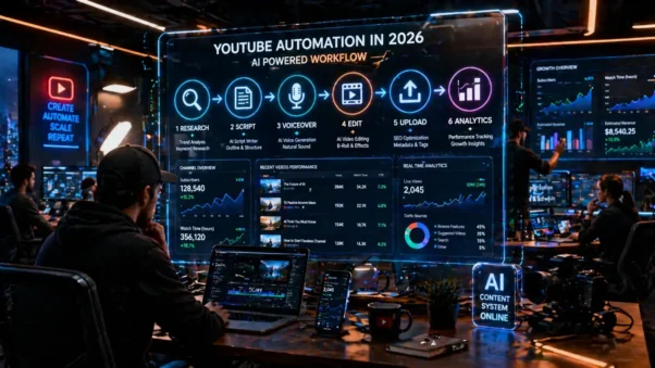 YouTube Automation in 2026 AI workflow showing research, scripting, editing, and publishing