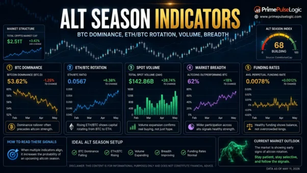 Altcoin Season 2026 alt season indicators chart showing BTC dominance, ETH BTC rotation, volume, and market breadth