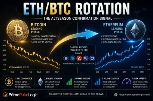 Altcoin Season 2026: ETH BTC rotation confirmation chart showing Ethereum leading the altcoin market rotation