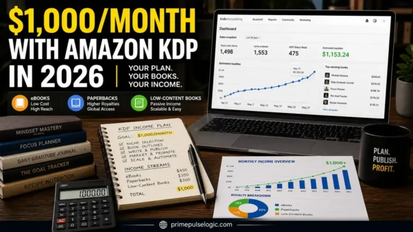 Amazon KDP in 2026 showing how to earn $1,000 a month with book sales