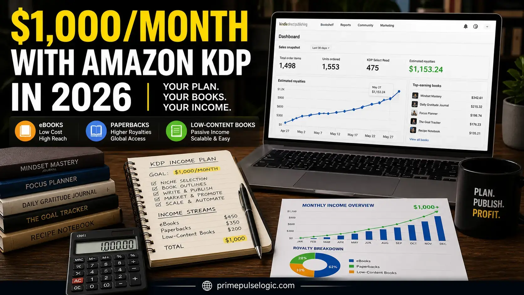 Amazon KDP in 2026 showing how to earn $1,000 a month with book sales
