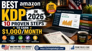 Amazon KDP in 2026 hero image with 10 proven steps to earn $1,000 a month