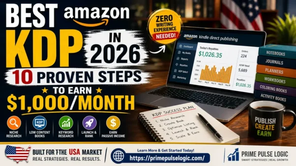 Amazon KDP in 2026 hero image with 10 proven steps to earn $1,000 a month