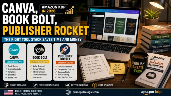 Amazon KDP in 2026 tools stack with Canva Book Bolt and Publisher Rocket