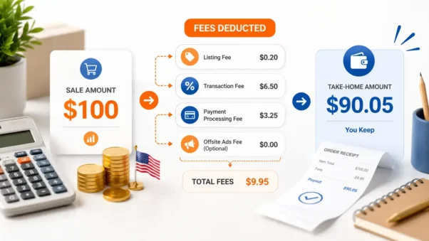 Etsy Seller Fees on a $100 sale with profit breakdown and net take-home amount
