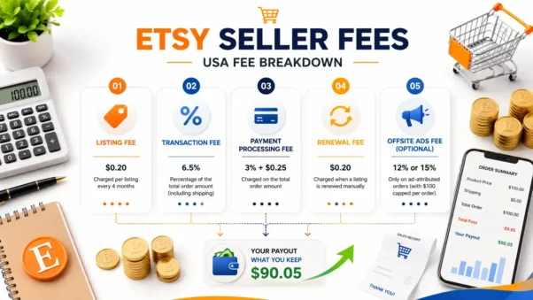 Etsy Seller Fees USA breakdown by listing fee, transaction fee, payment processing fee, and renewal fee
