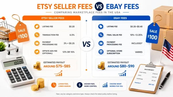 Etsy Seller Fees vs eBay fee comparison showing two marketplace cost models