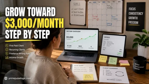 How to Start Freelance Writing and grow toward $3,000 a month with recurring clients and income growth