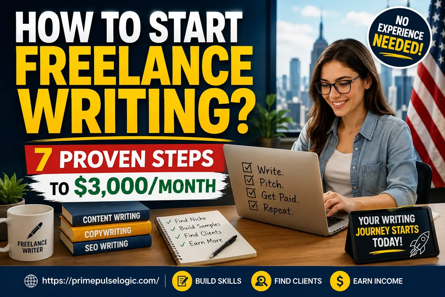 How to Start Freelance Writing with no experience, showing a beginner writer, portfolio, samples, and client outreach