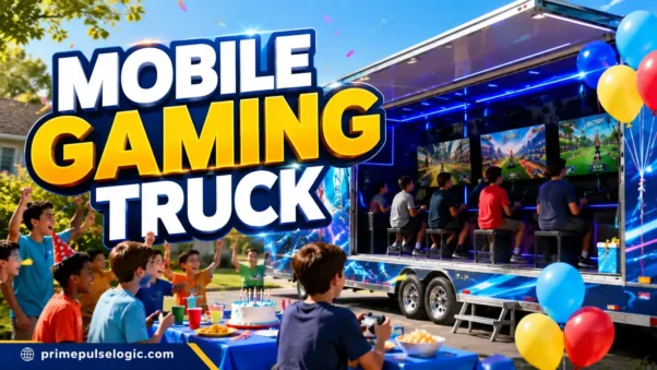 Mobile Gaming Truck at a birthday party with excited kids, bright colors, and premium event branding