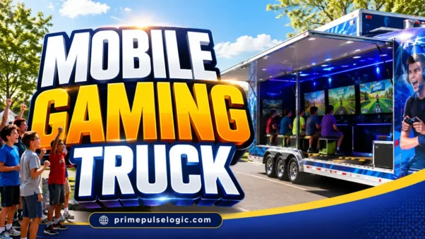 Mobile Gaming Truck hero banner showing a bright premium gaming truck with excited kids and bold headline design
