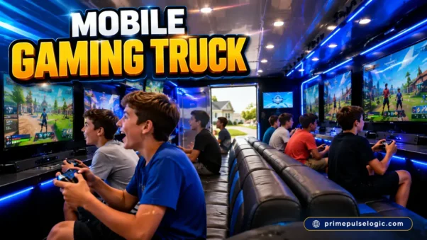 Mobile Gaming Truck interior showing multiple screens, teens gaming, and a bright premium entertainment setup