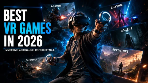 VR Gaming in 2026 best games image with immersive futuristic game scenes, action, rhythm, and adventure style visuals