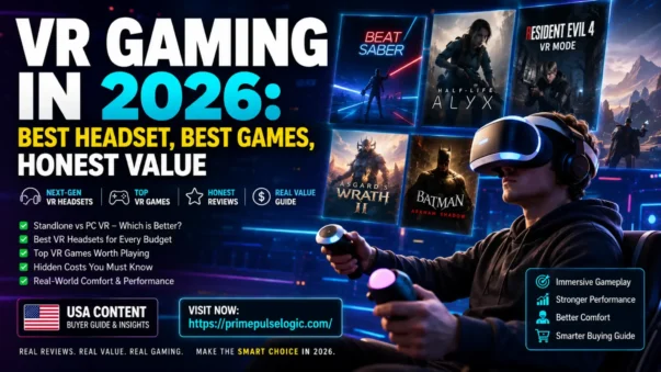VR Gaming in 2026 hero banner showing a gamer with a VR headset, futuristic gaming setup, and bold headline text for U.S. buyers