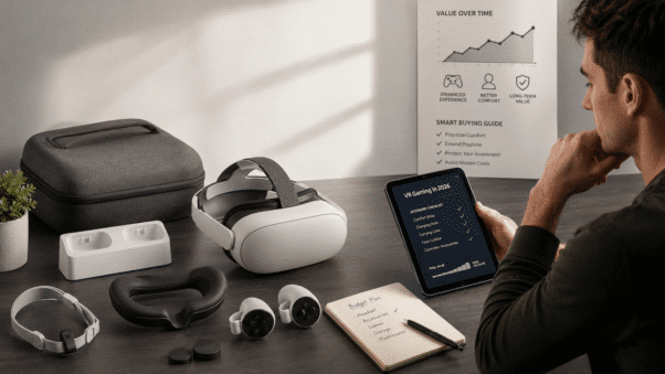 VR Gaming in 2026 hidden costs image showing headset accessories, strap, charging dock, and realistic buying value concept